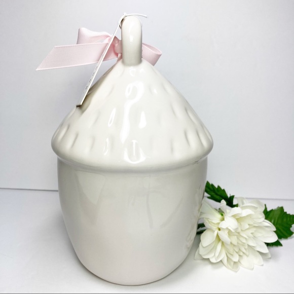 Rae Dunn PERCH Ceramic Acorn Bird House White Black NEW - Picture 2 of 5